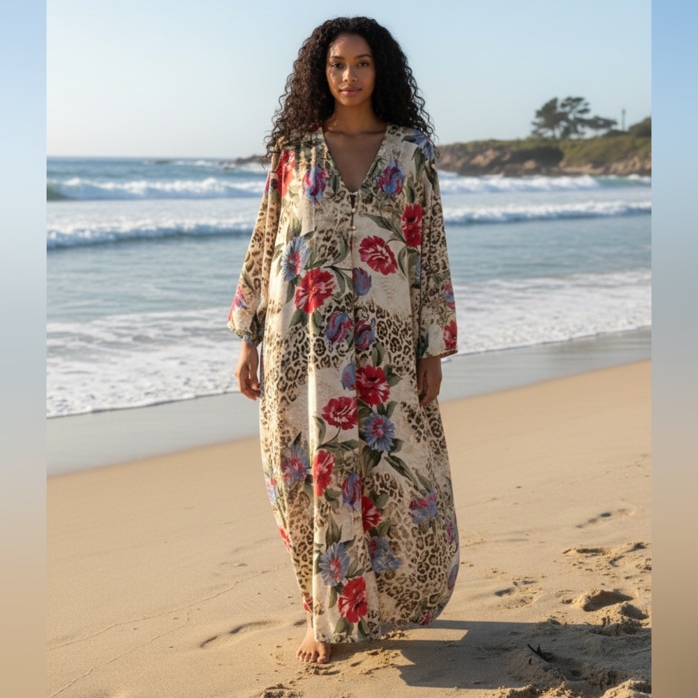 Vintage Floral‎ Animal Print Kaftan MuuMuu House Dress Sz L Full Length Maxi